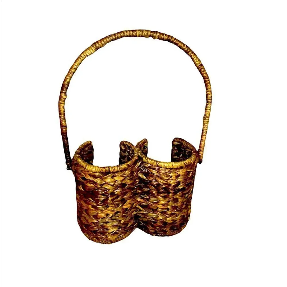 Vintage Double Wine Bottle Woven Wicker Tote with Rotating Handle 14x8